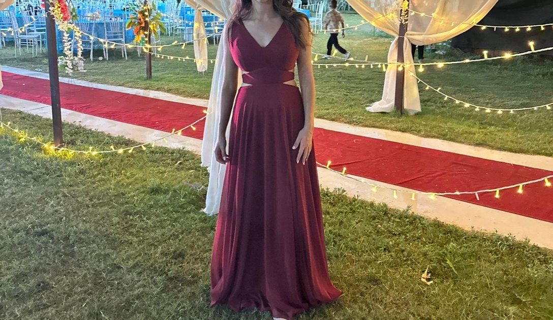 Bordo Uzun Drapeli Bohem Kadın Abiye - Görsel 3