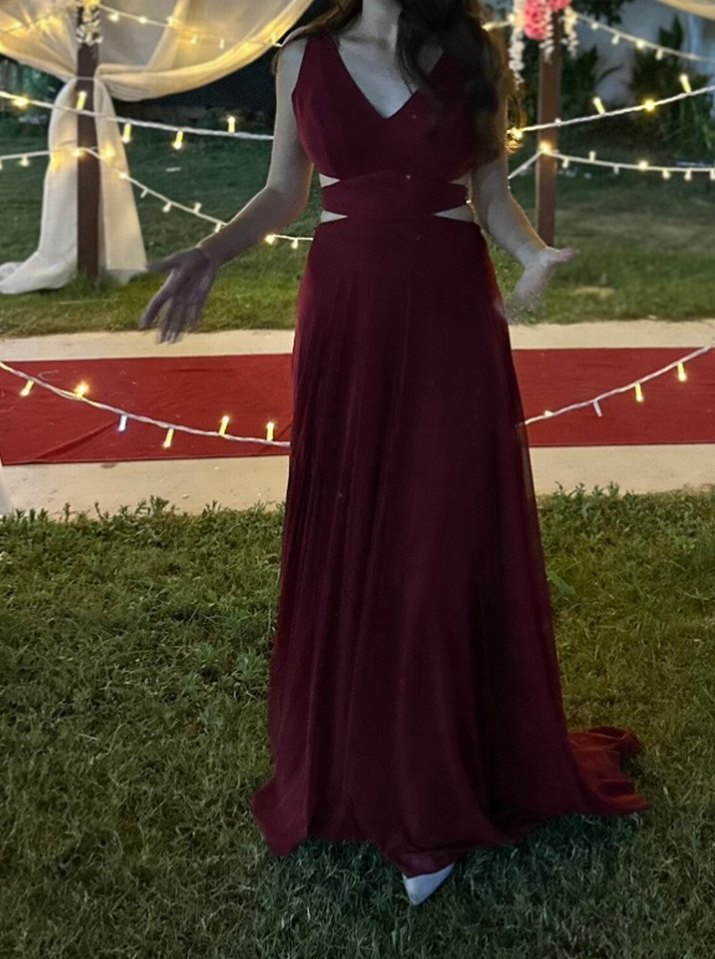 Bordo Uzun Drapeli Bohem Kadın Abiye - Görsel 2