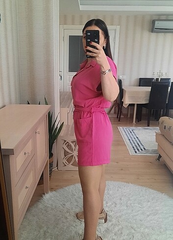 m Beden Pembe şort tulum çıtçıtlı bel lastikli