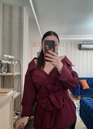 Diğer Oversize bağlama kemerli poplin gömlek bordo
