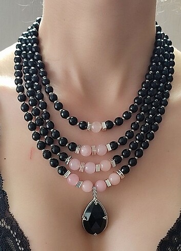 Yves Saint Laurent Onix tasarım kolye, pembe kuvars tasarım kolye, düğün kolye