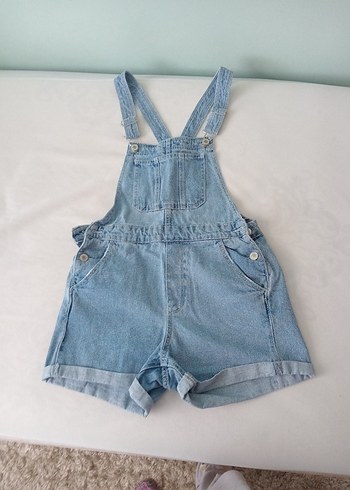 Kadın Mavi Denim Kısa Askılı Tulum