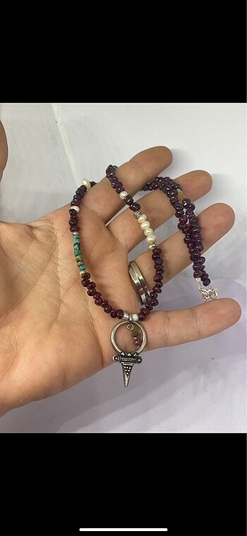  Beden çeşitli Renk 925 ayar gümüş garnet,gerçek inci ve naturel Firuze kolye.uzunlu