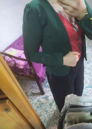 40 Beden yeşil Renk Düğmeli Koyu Yeşil Kadın Blazer Ceket