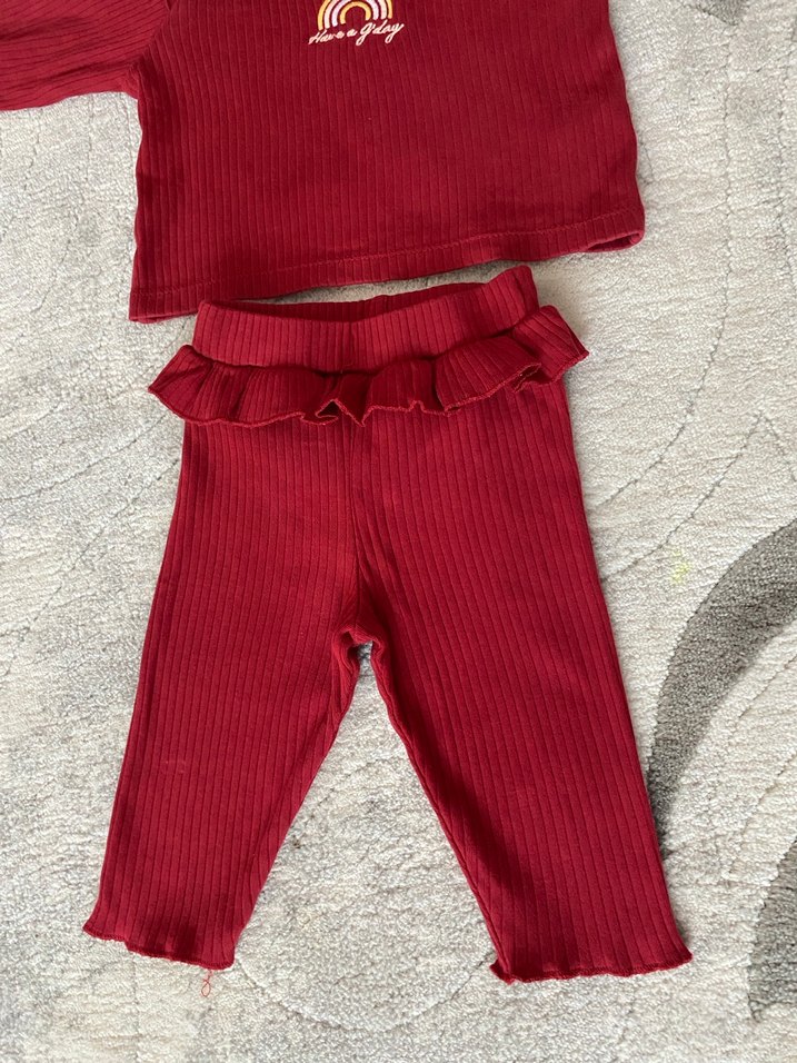 Bordo Bebek Kız Takımı, Uzun Kollu, Fırfırlı - Görsel 4