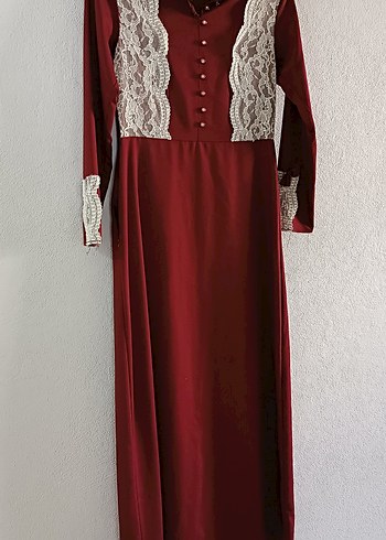 Bordo Dantel Detaylı Uzun Kollu Kadın Elbise tesettür