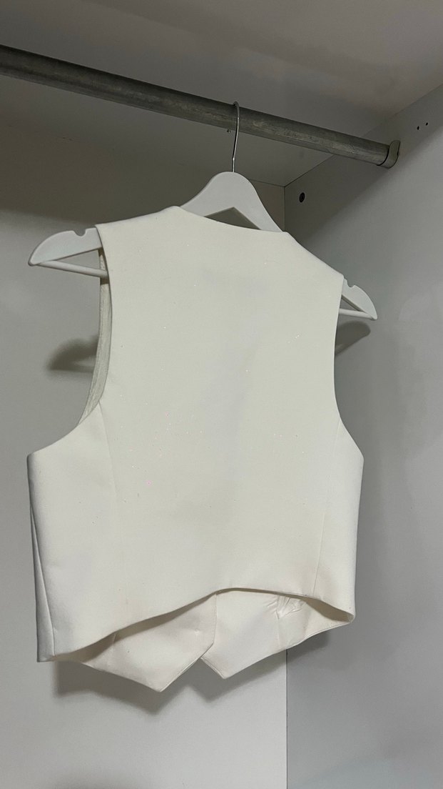 Beyaz Keten Düğmeli V Yaka Kolsuz Yelek - Görsel 2