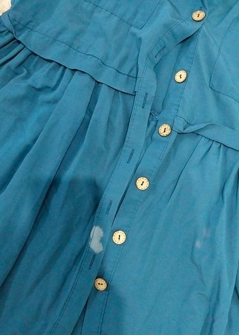 Düğmeli Mavi Uzun Keten Gömlek - Görsel 3