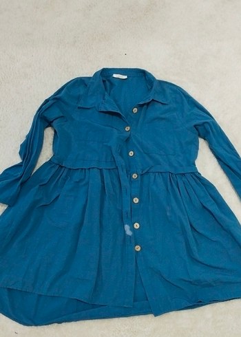 Düğmeli Mavi Uzun Keten Gömlek - Görsel 2