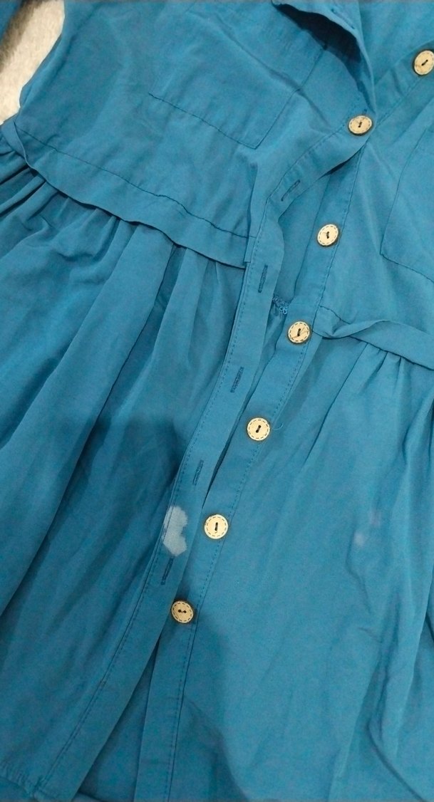 Düğmeli Mavi Uzun Keten Gömlek - Görsel 3