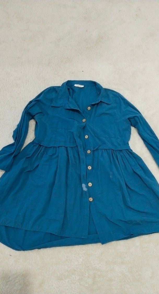 Düğmeli Mavi Uzun Keten Gömlek - Görsel 2