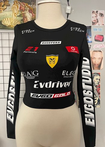 Kadın racing Siyah Uzun Kollu Baskılı Spor Bluz