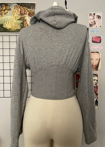 s Beden gri Renk Gri Kapüşonlu Fermuarlı Kadın Sweatshirt