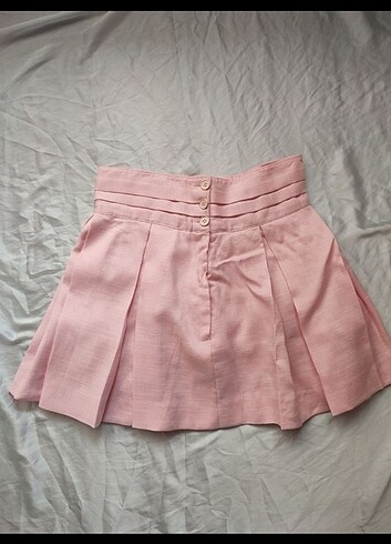 s Beden Pastel Pembe pilili mini keten etek