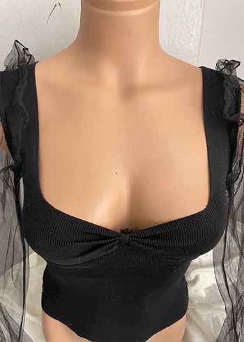 s Beden siyah Renk Dantel Detaylı Siyah Gotik Strappy Bluz
