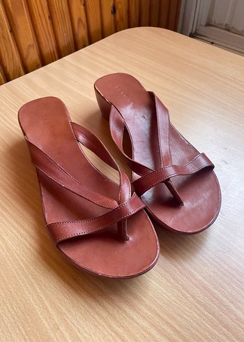 Tergan Tergan Deri Kahverengi Dolgu Topuklu Kadın Sandalet