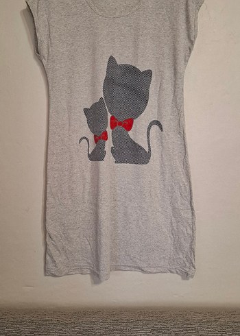 Gri Baskılı Kedi Desenli Tişört - Görsel 3