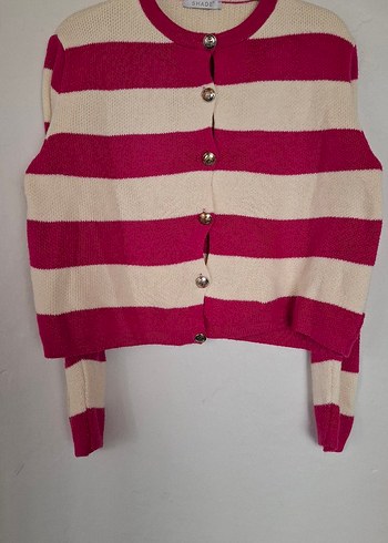 Düğmeli Pembe Çizgili Kadın Hırka - Görsel 2