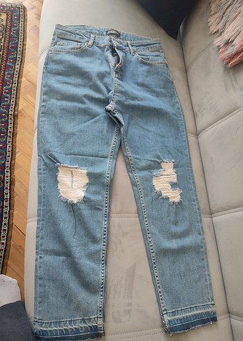 Balmain Kadin Mavi Yirtik Bol Kesim Kot Pantolon
