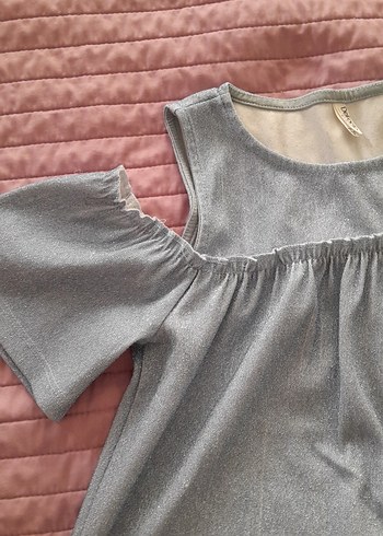 Kız Çocuk Gri Denim Volanlı Straplez Bluz 9  10 yas - Görsel 7