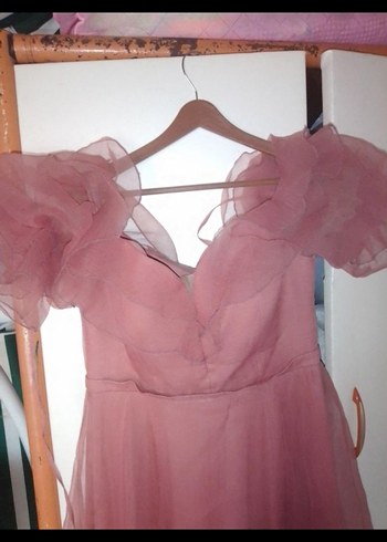 Pembe Uzun V Yaka Volanlı Kadın Abiye Elbise - Görsel 3