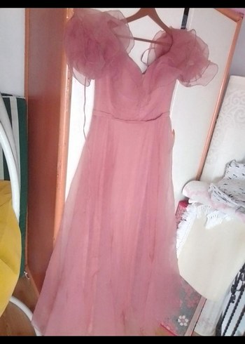 Pembe Uzun V Yaka Volanlı Kadın Abiye Elbise - Görsel 2