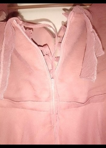 Pembe Uzun V Yaka Volanlı Kadın Abiye Elbise - Görsel 4