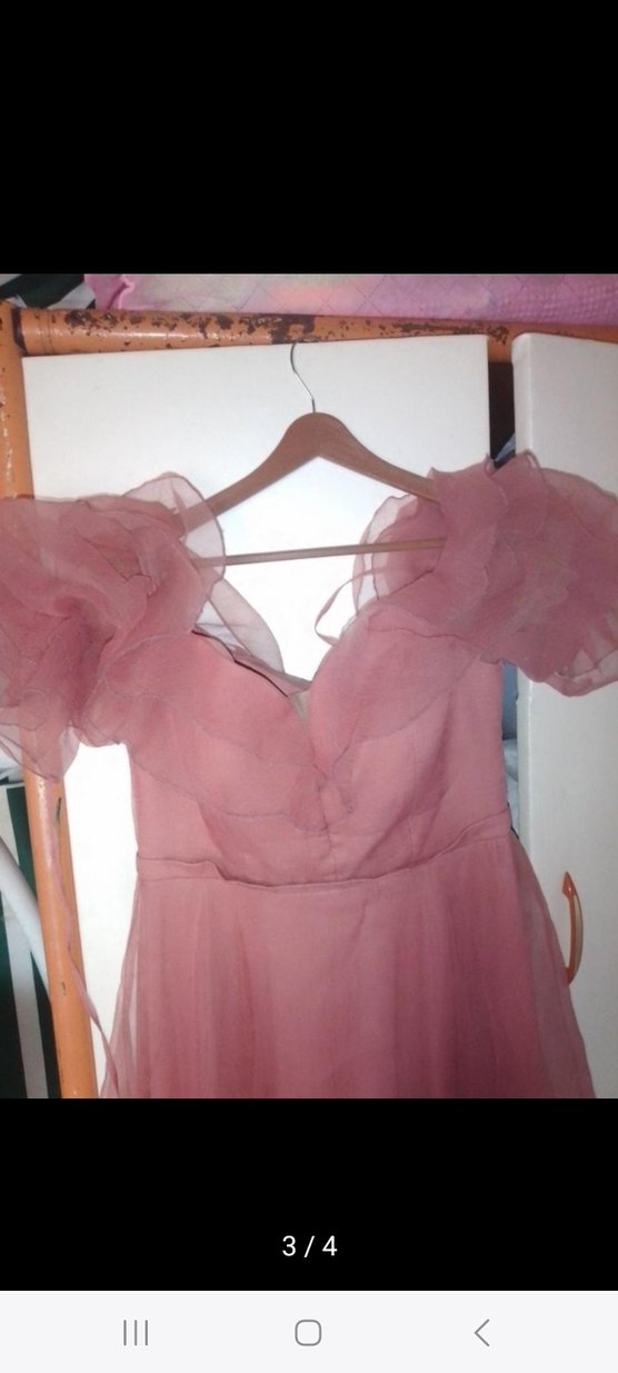 Pembe Uzun V Yaka Volanlı Kadın Abiye Elbise - Görsel 3