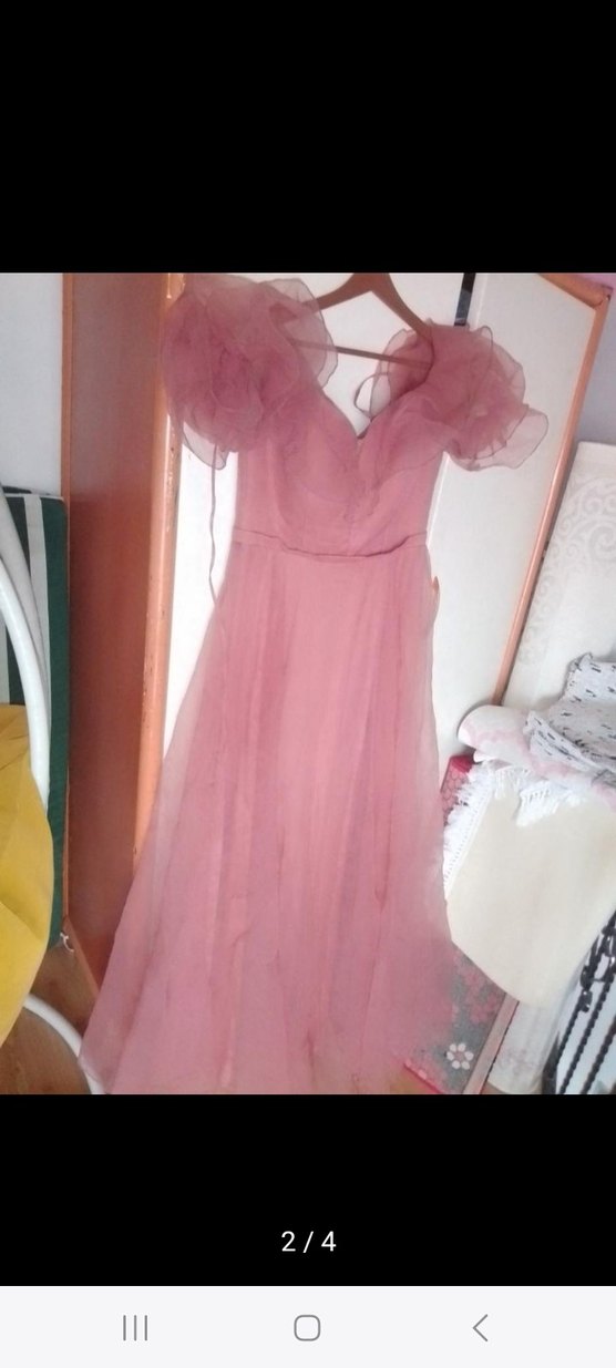 Pembe Uzun V Yaka Volanlı Kadın Abiye Elbise - Görsel 2