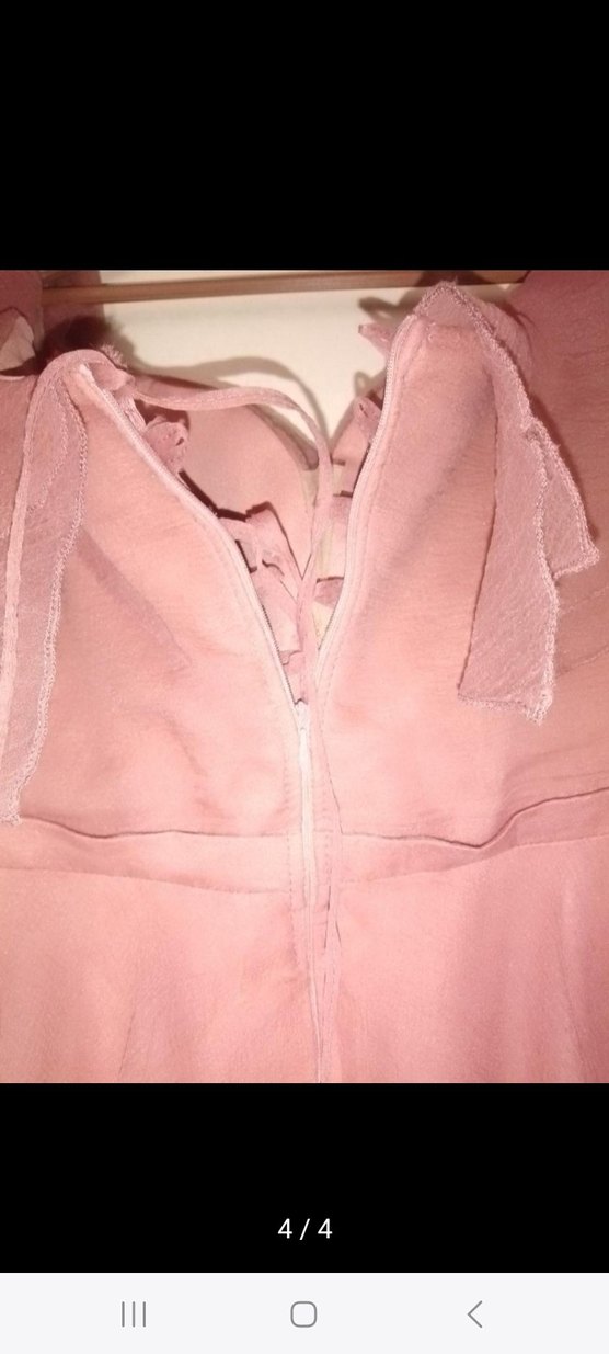 Pembe Uzun V Yaka Volanlı Kadın Abiye Elbise - Görsel 4