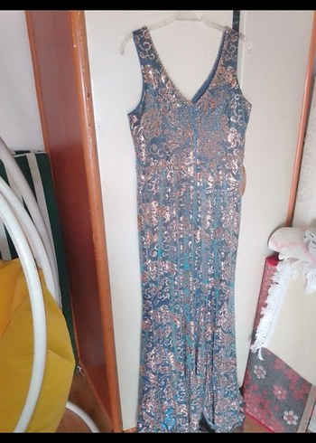 Dantel Detaylı Mavi V Yaka Uzun Elbise - Görsel 5