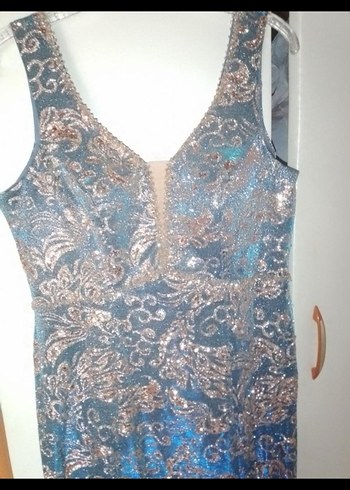 Dantel Detaylı Mavi V Yaka Uzun Elbise - Görsel 2