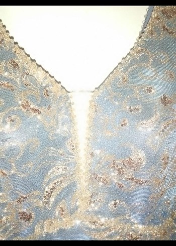 Dantel Detaylı Mavi V Yaka Uzun Elbise - Görsel 3