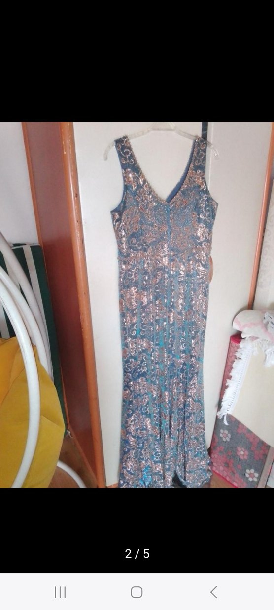 Dantel Detaylı Mavi V Yaka Uzun Elbise - Görsel 5