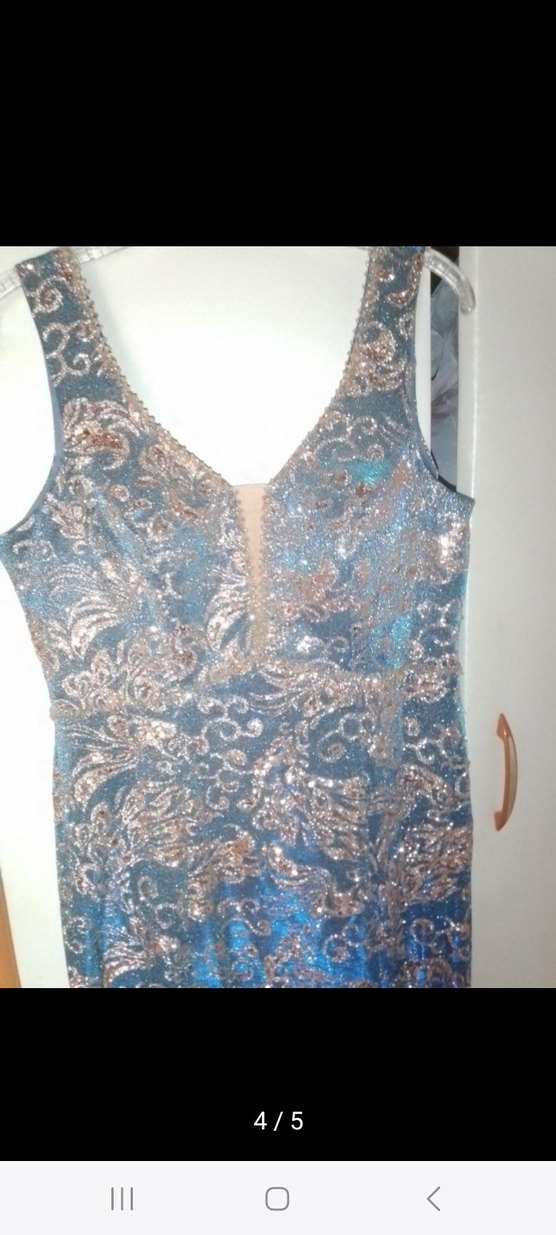 Dantel Detaylı Mavi V Yaka Uzun Elbise - Görsel 2