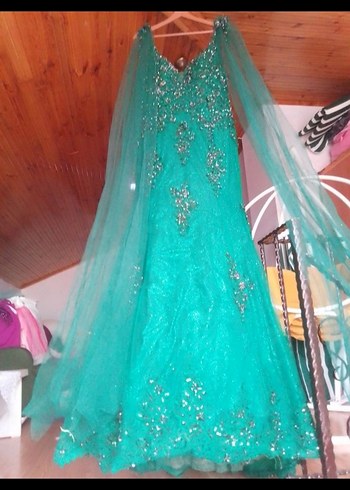 Turkuaz İşlemeli Uzun Abiye Elbise özel dikim - Görsel 2