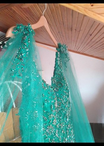 Turkuaz İşlemeli Uzun Abiye Elbise özel dikim - Görsel 4