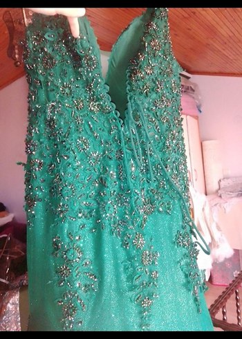 Turkuaz İşlemeli Uzun Abiye Elbise özel dikim - Görsel 6