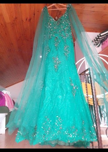 Turkuaz İşlemeli Uzun Abiye Elbise özel dikim - Görsel 5