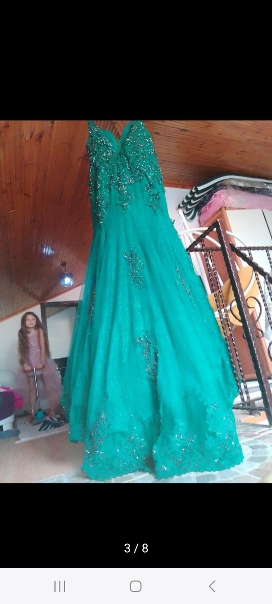 Turkuaz İşlemeli Uzun Abiye Elbise özel dikim - Görsel 3