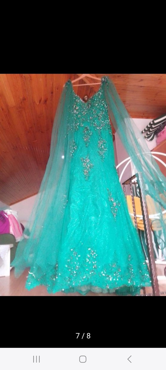 Turkuaz İşlemeli Uzun Abiye Elbise özel dikim - Görsel 2