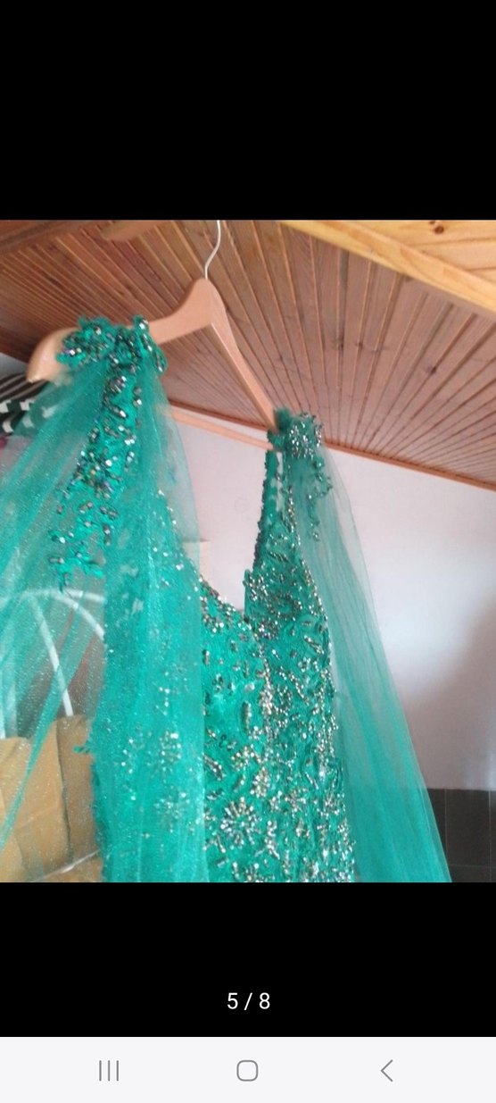 Turkuaz İşlemeli Uzun Abiye Elbise özel dikim - Görsel 4