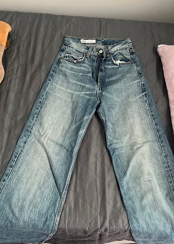 32 Beden Gri Düğmeli Bol Kesim Kadın Denim Pantolon wide leg zara