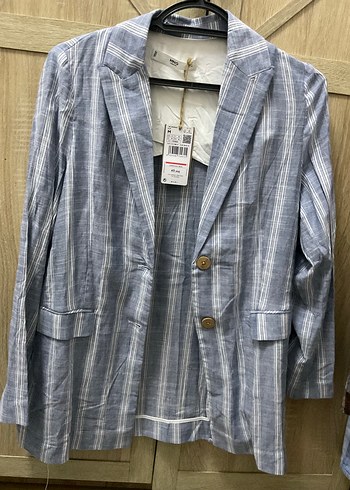 Mango Mavi Cizgili İnce Dokulu Blazer Ceket