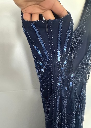 Boncuk İşlemeli Lacivert Tasarım Elbise - Görsel 4