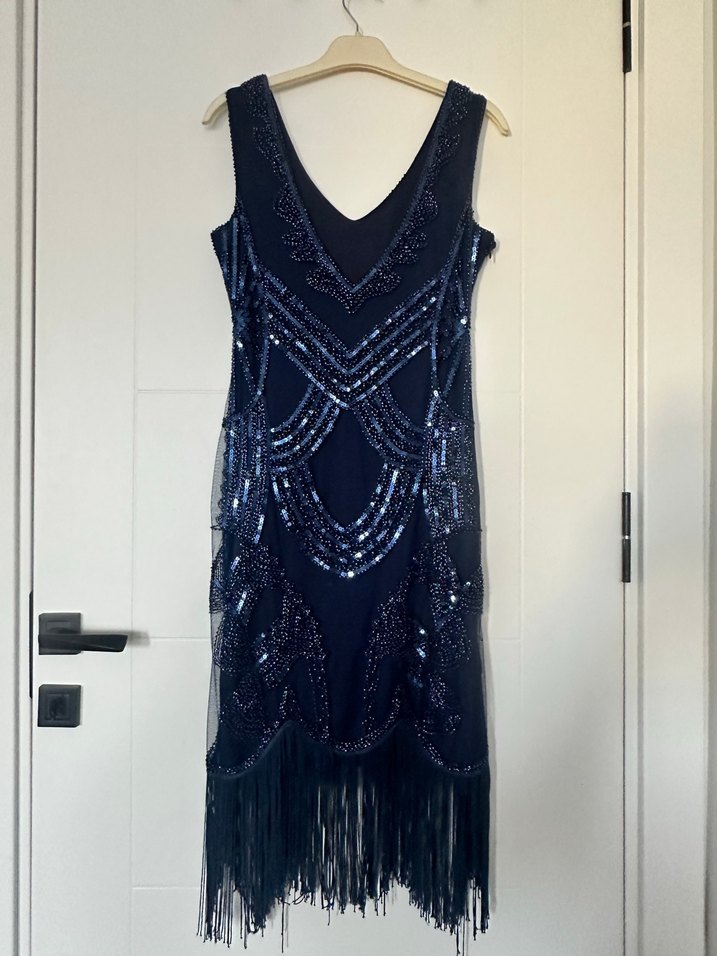 Boncuk İşlemeli Lacivert Tasarım Elbise - Görsel 2