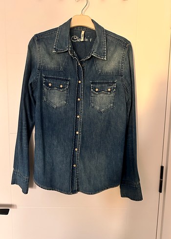 Düğmeli Mavi Denim/Kot Kadın Gömlek - Görsel 3