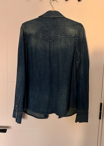 Düğmeli Mavi Denim/Kot Kadın Gömlek - Görsel 2