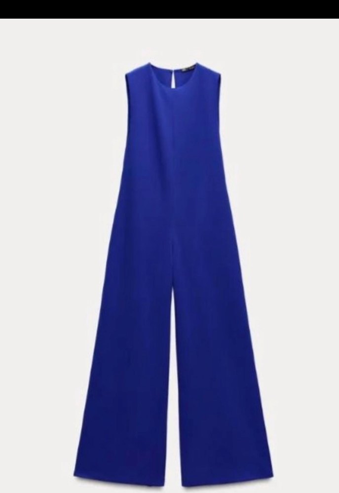 Lacivert Kadın Kolsuz Geniş Paça Tulum - Görsel 2