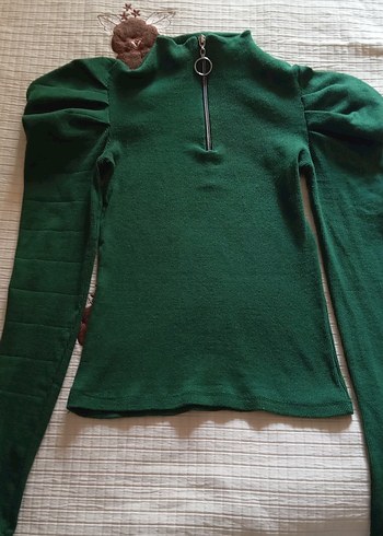 Fermuarlı Yüksek Yaka Yeşil Kadın bluz - Görsel 3